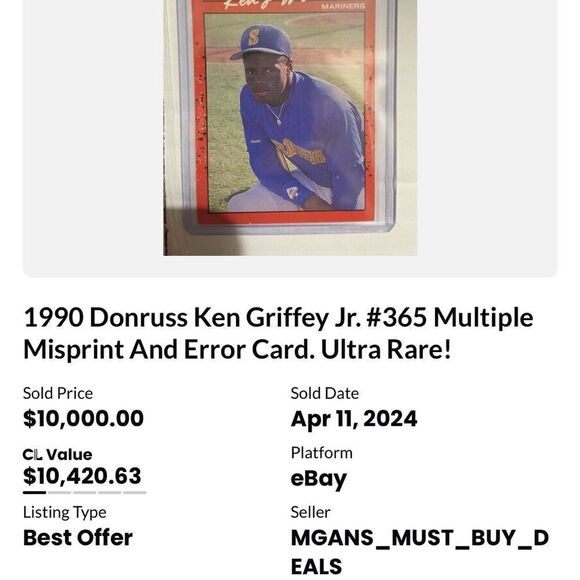 1990 donruss ken griffey jr #365 mint condition error rare - Picture 6 of 6